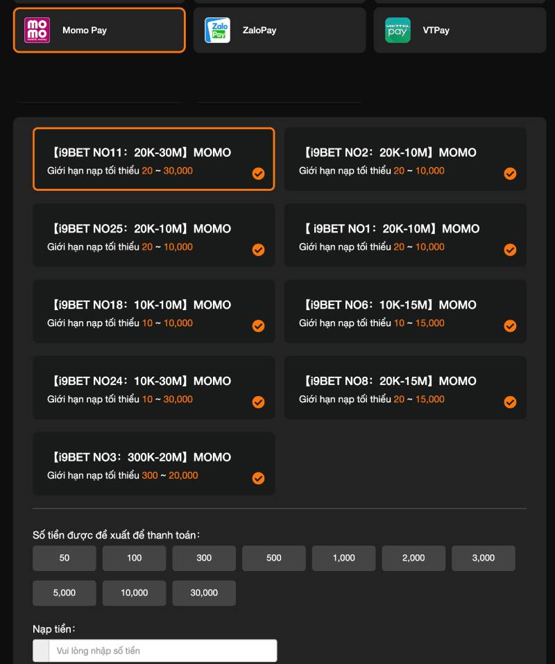 Nạp tiền qua ví điện tử (Momo, ZaloPay, ViettelPay)